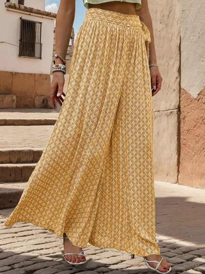 Pants- Tribal Print Flowy Pants with Tie Waist - Wide-Leg Trousers- - IndioGear Fashion and Gear