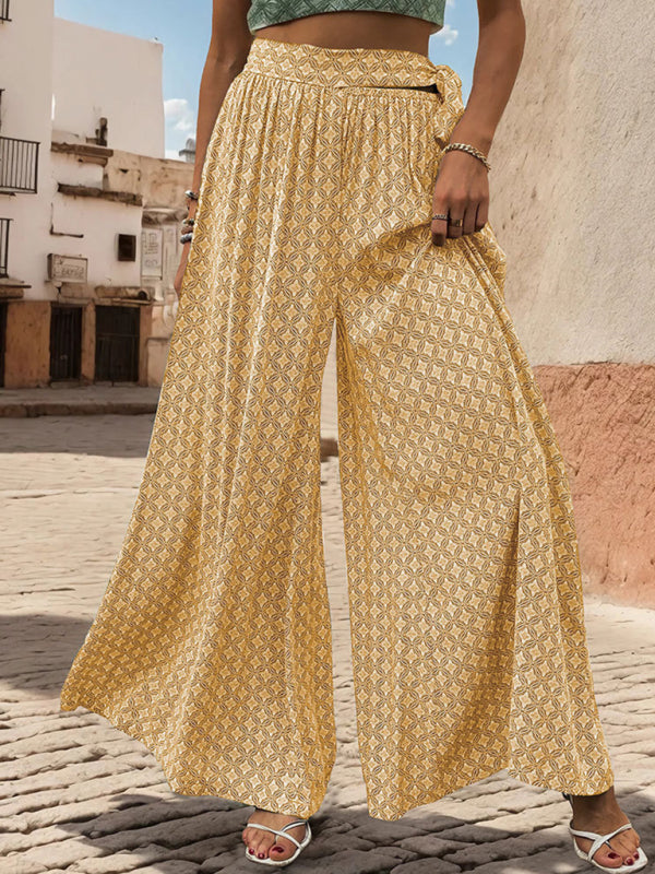 Pants- Tribal Print Flowy Pants with Tie Waist - Wide-Leg Trousers- - IndioGear Fashion and Gear