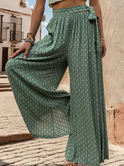 Pants- Tribal Print Flowy Pants with Tie Waist - Wide-Leg Trousers- Green- IndioGear Fashion and Gear