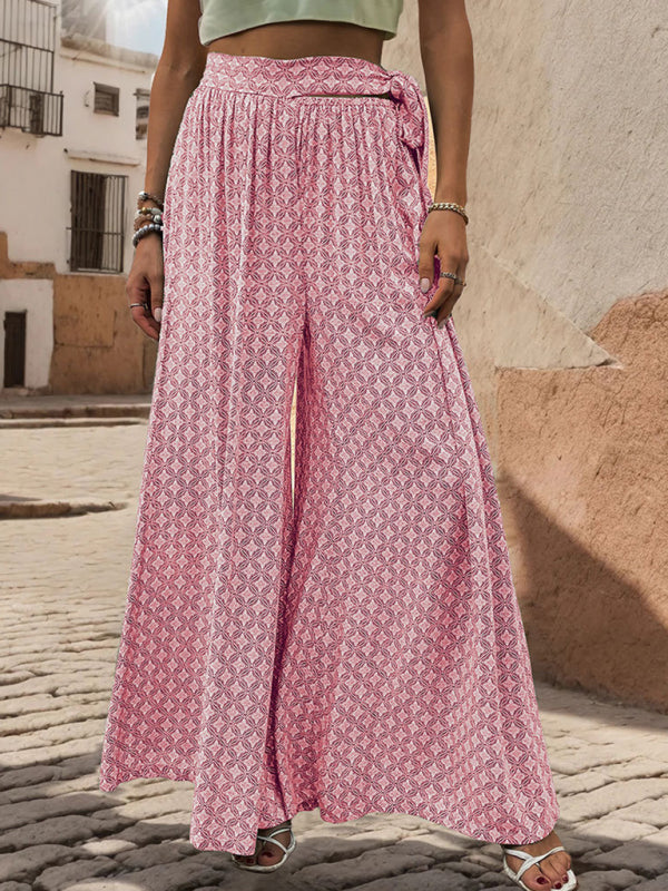 Pants- Tribal Print Flowy Pants with Tie Waist - Wide-Leg Trousers- - IndioGear Fashion and Gear