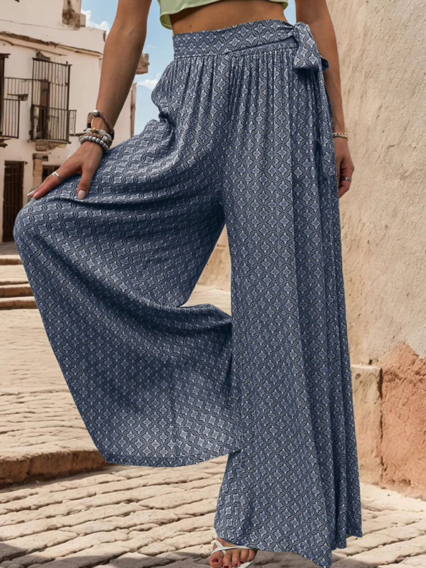 Pants- Tribal Print Flowy Pants with Tie Waist - Wide-Leg Trousers- Champlain color- IndioGear Fashion and Gear