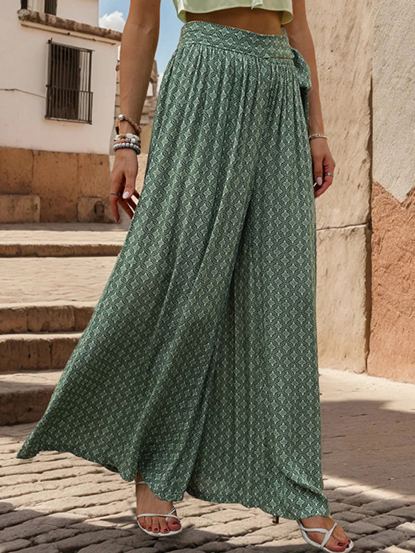 Pants- Tribal Print Flowy Pants with Tie Waist - Wide-Leg Trousers- - IndioGear Fashion and Gear