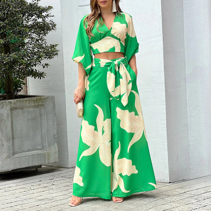 Pants Two-piece set- Crop Top & High Waist Wide-Leg Pants - Two-Piece Set- Green- IndioGear Fashion and Gear