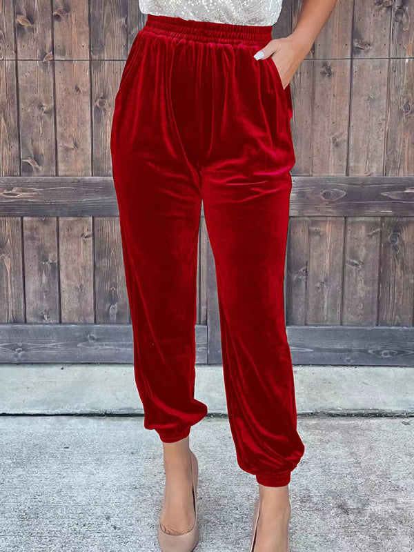 Pants- Velvet Fall Pencil Pants with Convenient Pockets- Red- IndioGear Clothing and Gear