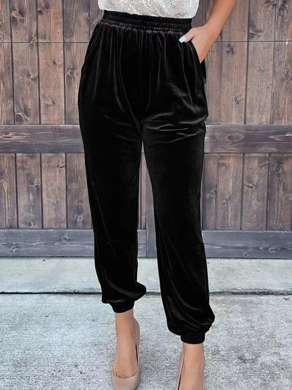 Pants- Velvet Fall Pencil Pants with Convenient Pockets- Black- IndioGear Clothing and Gear