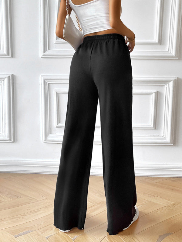 Pants- Wide-Leg Pants with Elastic Waistband | Solid High Waist Trousers- - IndioGear Fashion and Gear