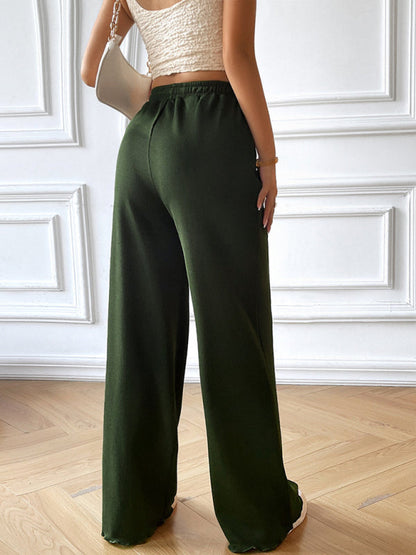 Pants- Wide-Leg Pants with Elastic Waistband | Solid High Waist Trousers- - IndioGear Fashion and Gear