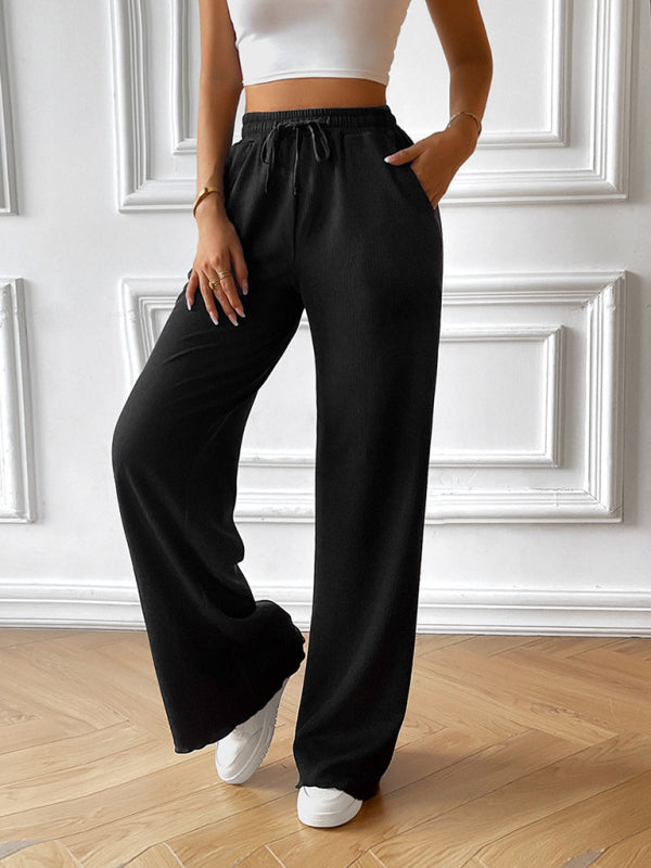 Pants- Wide-Leg Pants with Elastic Waistband | Solid High Waist Trousers- - IndioGear Fashion and Gear