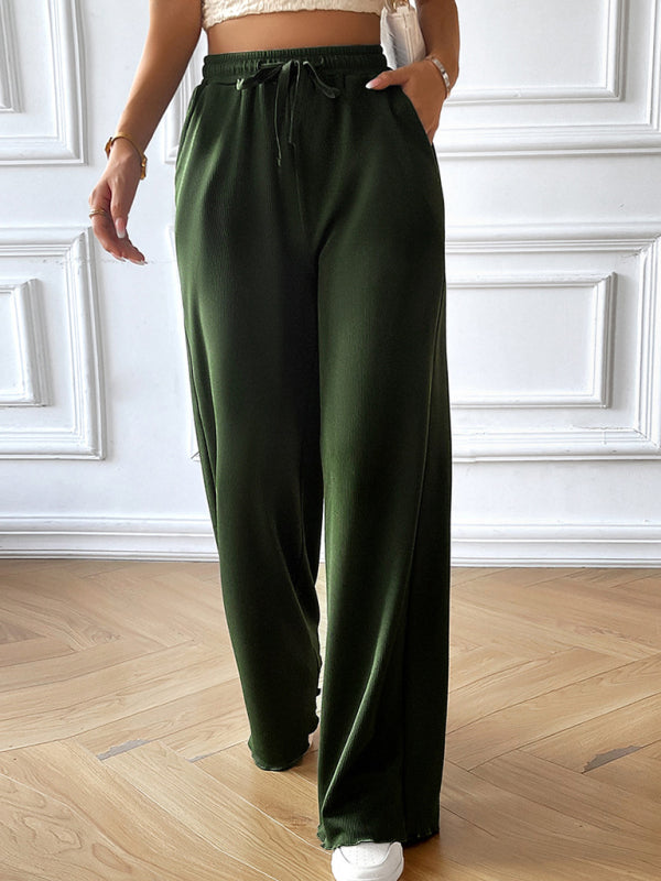 Pants- Wide-Leg Pants with Elastic Waistband | Solid High Waist Trousers- - IndioGear Fashion and Gear