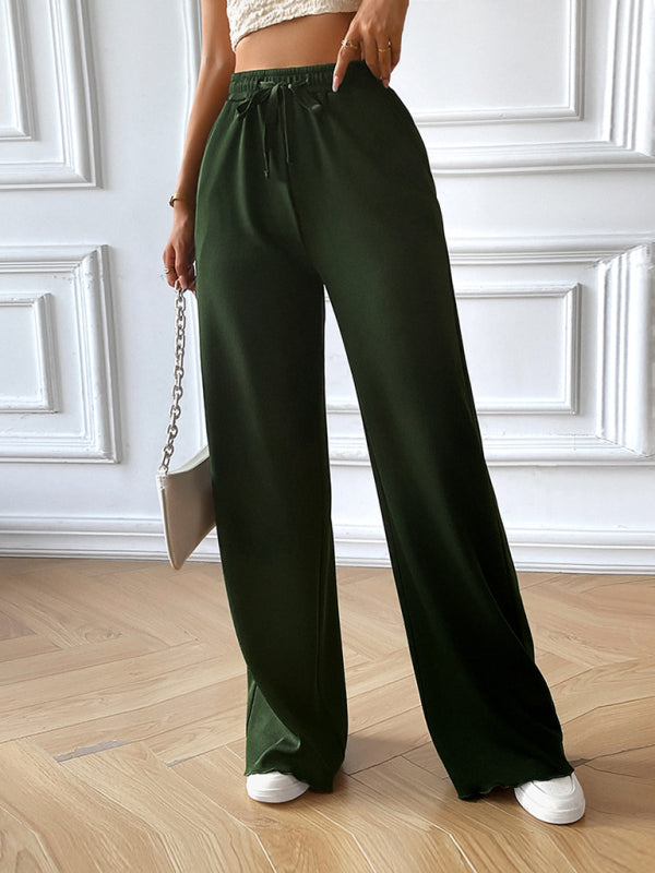 Pants- Wide-Leg Pants with Elastic Waistband | Solid High Waist Trousers- - IndioGear Fashion and Gear