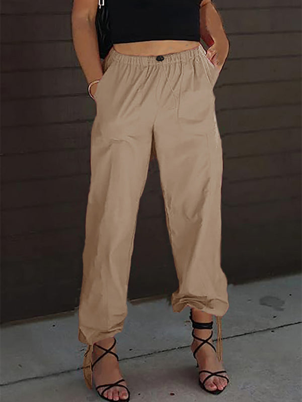 Pants- Women Solid Parachute Trousers Pants- Khaki- IndioGear Fashion and Gear