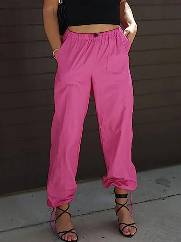 Pants- Women Solid Parachute Trousers Pants- Hot pink- IndioGear Fashion and Gear