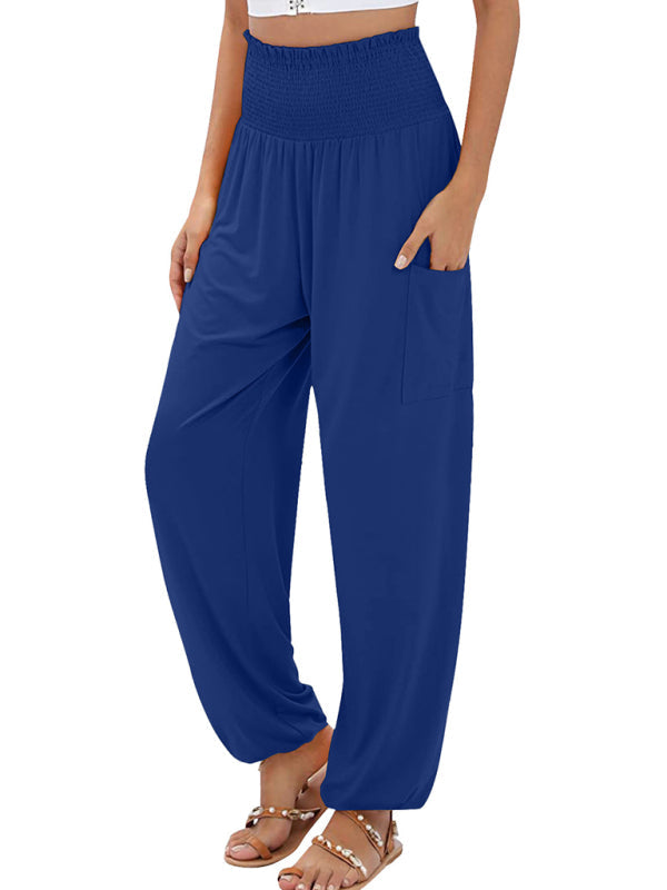 Pants- Women's Wide Smocked Waistband Pants - Solid Wide-Leg Trousers- Blue- IndioGear Fashion and Gear