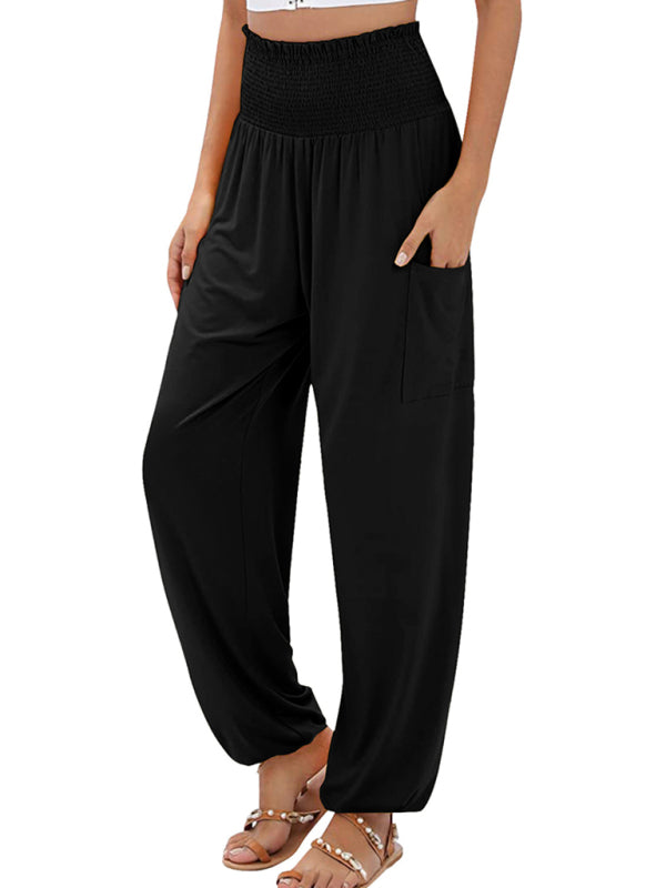 Pants- Women's Wide Smocked Waistband Pants - Solid Wide-Leg Trousers- Black- IndioGear Fashion and Gear