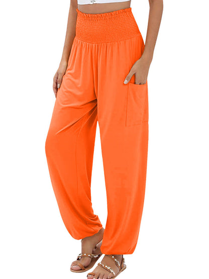 Pants- Women's Wide Smocked Waistband Pants - Solid Wide-Leg Trousers- Orange- IndioGear Fashion and Gear