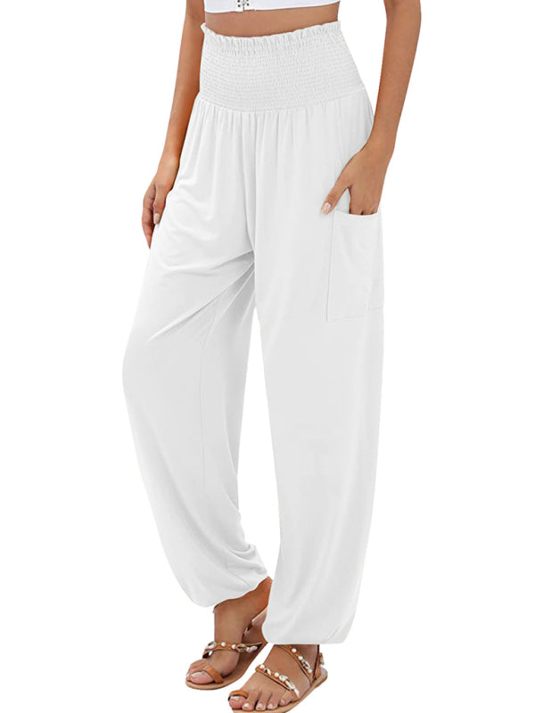 Pants- Women's Wide Smocked Waistband Pants - Solid Wide-Leg Trousers- White- IndioGear Fashion and Gear