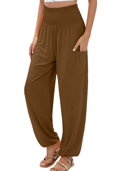 Pants- Women's Wide Smocked Waistband Pants - Solid Wide-Leg Trousers- Coffee- IndioGear Fashion and Gear