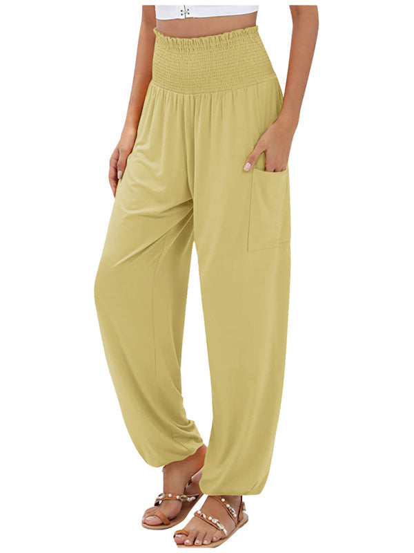 Pants- Women's Wide Smocked Waistband Pants - Solid Wide-Leg Trousers- Yellow- IndioGear Fashion and Gear