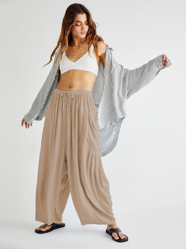 Pants- Yoga Solid Wide-Leg Pants with Pockets and Elastic Waist- Cracker khaki- IndioGear Clothing and Gear