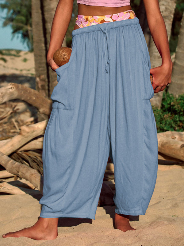 Pants- Yoga Solid Wide-Leg Pants with Pockets and Elastic Waist- - IndioGear Clothing and Gear