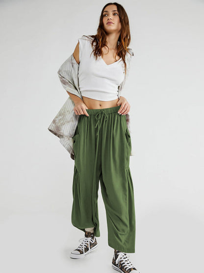 Pants- Yoga Solid Wide-Leg Pants with Pockets and Elastic Waist- Olive green- IndioGear Clothing and Gear