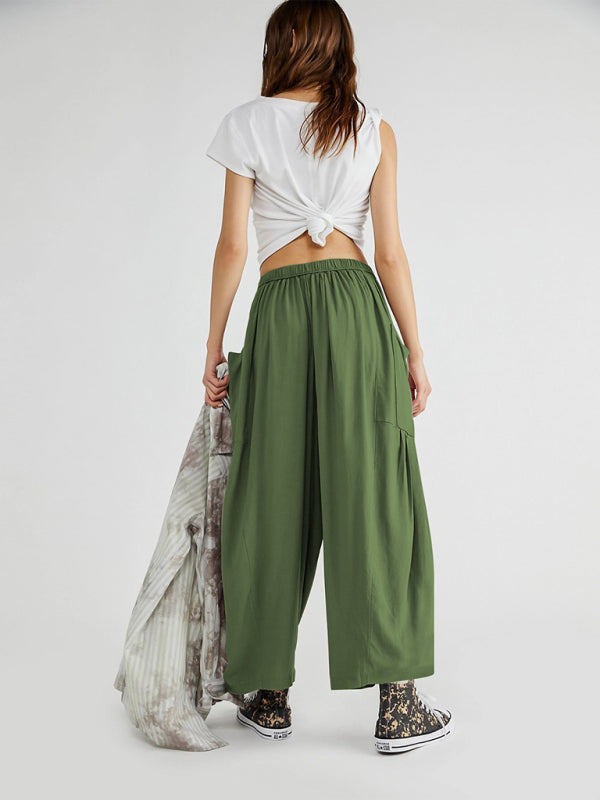 Pants- Yoga Solid Wide-Leg Pants with Pockets and Elastic Waist- - IndioGear Clothing and Gear