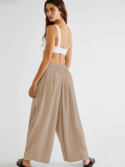 Pants- Yoga Solid Wide-Leg Pants with Pockets and Elastic Waist- - IndioGear Clothing and Gear