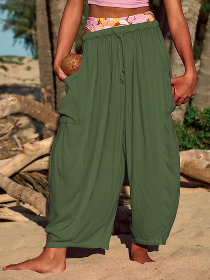 Pants- Yoga Solid Wide-Leg Pants with Pockets and Elastic Waist- - IndioGear Clothing and Gear