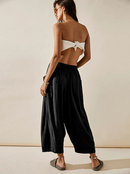 Pants- Yoga Solid Wide-Leg Pants with Pockets and Elastic Waist- - IndioGear Clothing and Gear