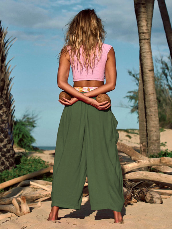 Pants- Yoga Solid Wide-Leg Pants with Pockets and Elastic Waist- - IndioGear Clothing and Gear