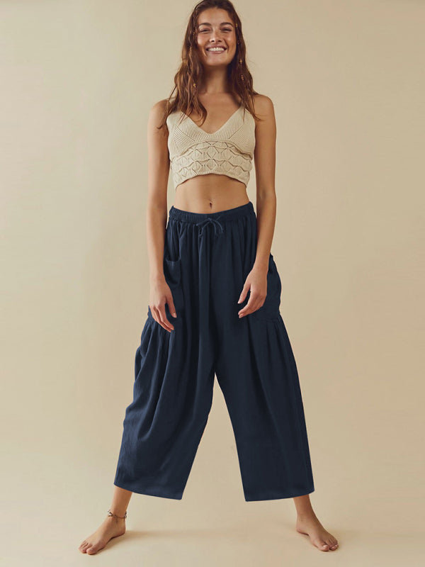 Pants- Yoga Solid Wide-Leg Pants with Pockets and Elastic Waist- - IndioGear Clothing and Gear