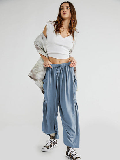 Pants- Yoga Solid Wide-Leg Pants with Pockets and Elastic Waist- Clear blue- IndioGear Clothing and Gear