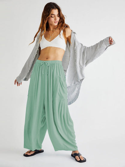 Pants- Yoga Solid Wide-Leg Pants with Pockets and Elastic Waist- Green- IndioGear Clothing and Gear