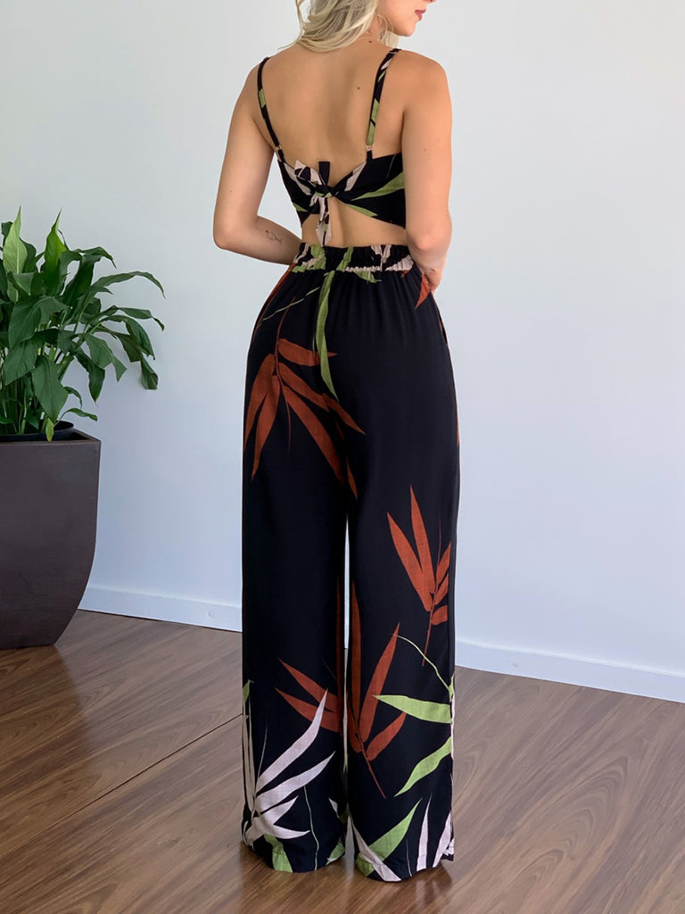 Pants and Top- Vacation Print Suit Wide-Leg Pants & Cami Knot Crop Top- - IndioGear Fashion and Gear