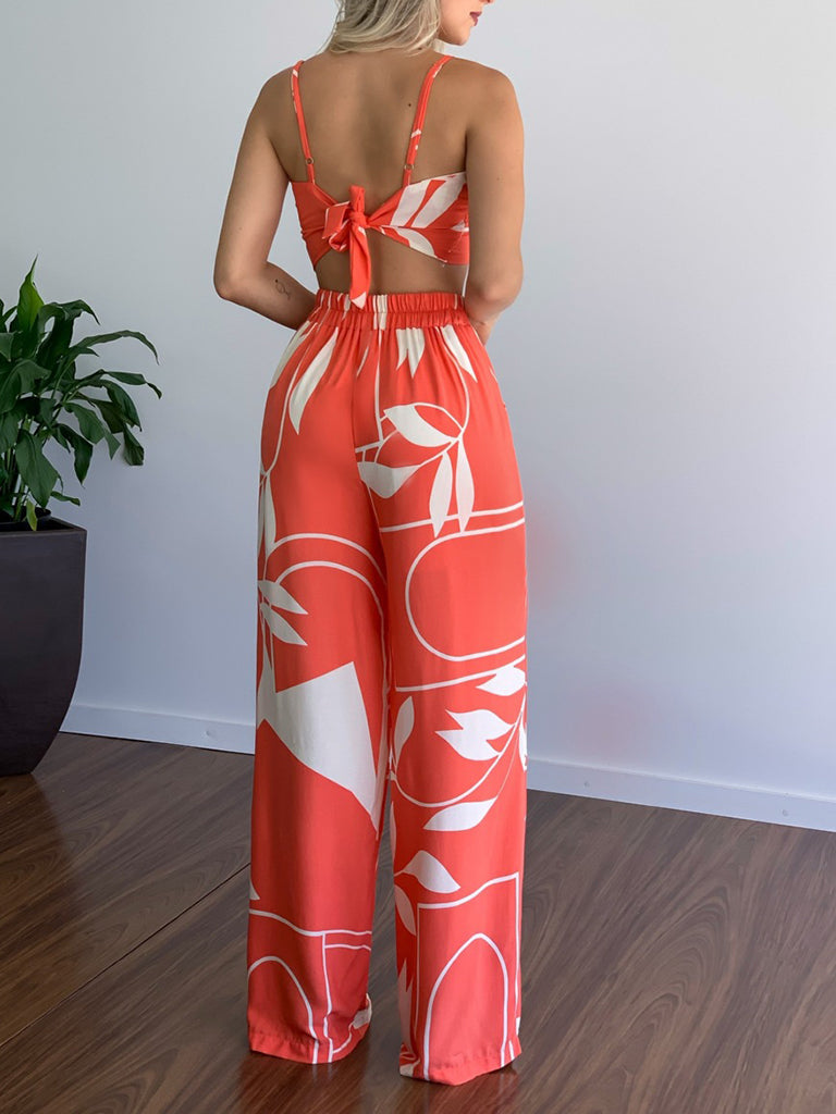 Pants and Top- Vacation Print Suit Wide-Leg Pants & Cami Knot Crop Top- - IndioGear Fashion and Gear