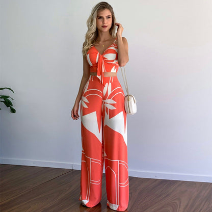 Pants and Top- Vacation Print Suit Wide-Leg Pants & Cami Knot Crop Top- Orange- IndioGear Fashion and Gear