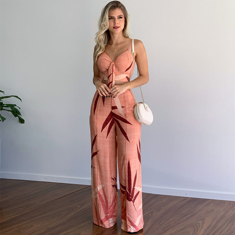 Pants and Top- Vacation Print Suit Wide-Leg Pants & Cami Knot Crop Top- Pink- IndioGear Fashion and Gear