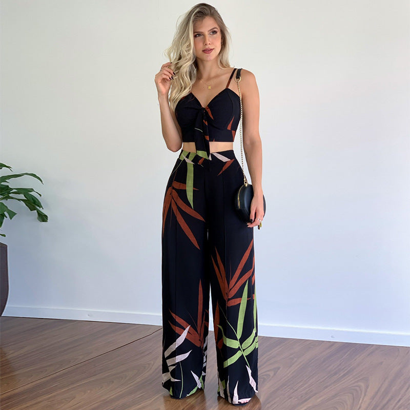 Pants and Top- Vacation Print Suit Wide-Leg Pants & Cami Knot Crop Top- Black- IndioGear Fashion and Gear