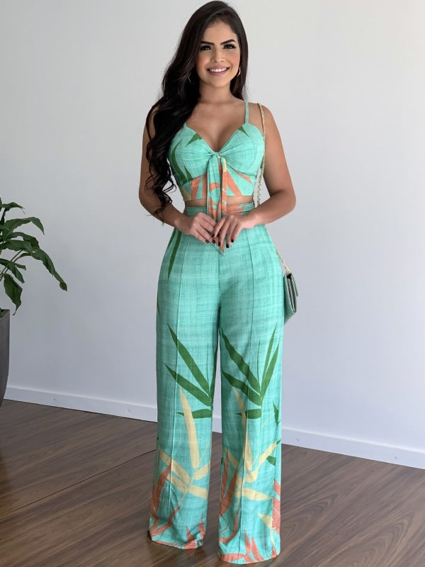 Pants and Top- Vacation Print Suit Wide-Leg Pants & Cami Knot Crop Top- Green- IndioGear Fashion and Gear