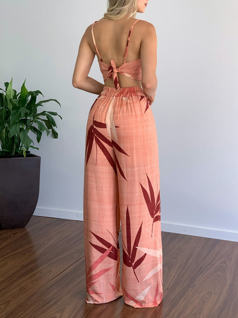 Pants and Top- Vacation Print Suit Wide-Leg Pants & Cami Knot Crop Top- - IndioGear Fashion and Gear