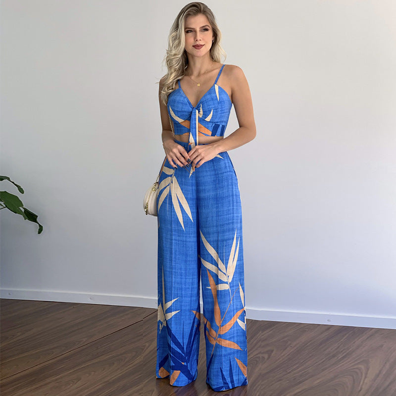 Pants and Top- Vacation Print Suit Wide-Leg Pants & Cami Knot Crop Top- Blue- IndioGear Fashion and Gear