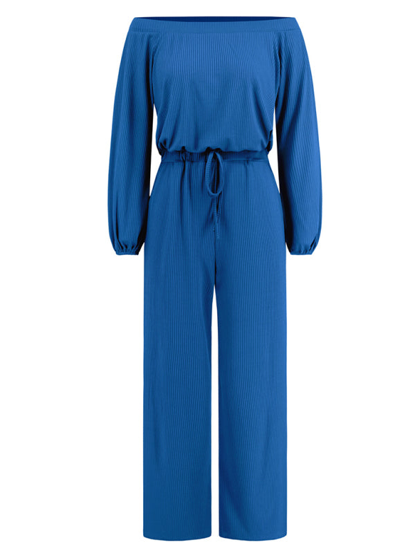 Pantsuits- Casual Autumn Ribbed Off-Shoulder TIe-Waist Jumpsuit - Pantsuit- - IndioGear Clothing and Gear