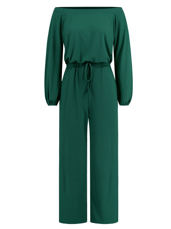 Pantsuits- Casual Autumn Ribbed Off-Shoulder TIe-Waist Jumpsuit - Pantsuit- - IndioGear Clothing and Gear