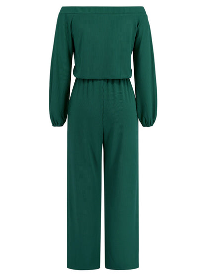 Pantsuits- Casual Autumn Ribbed Off-Shoulder TIe-Waist Jumpsuit - Pantsuit- - IndioGear Clothing and Gear