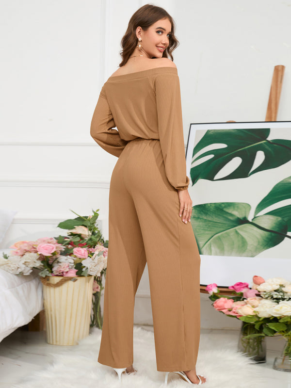 Pantsuits- Casual Autumn Ribbed Off-Shoulder TIe-Waist Jumpsuit - Pantsuit- - IndioGear Clothing and Gear