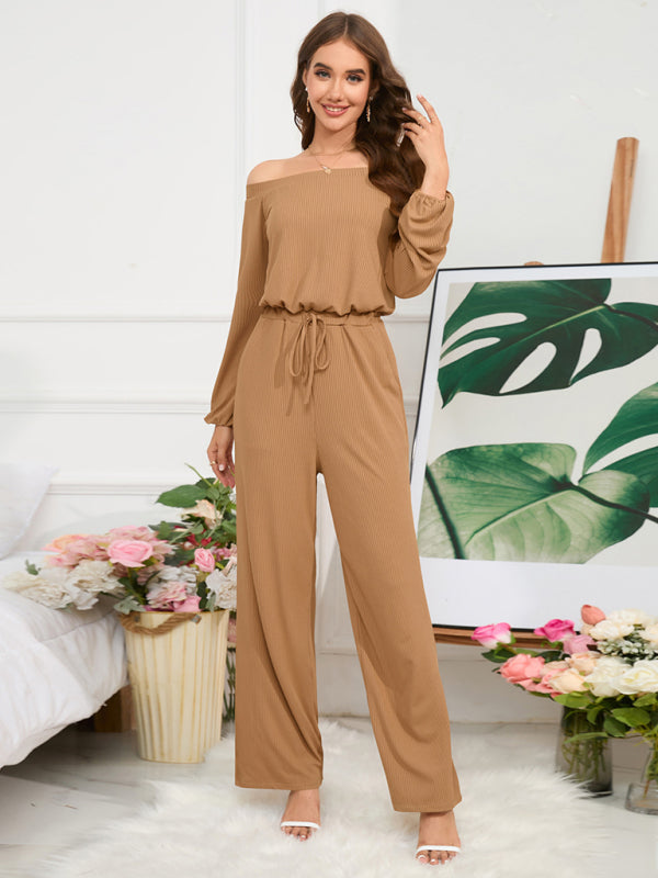 Pantsuits- Casual Autumn Ribbed Off-Shoulder TIe-Waist Jumpsuit - Pantsuit- - IndioGear Clothing and Gear