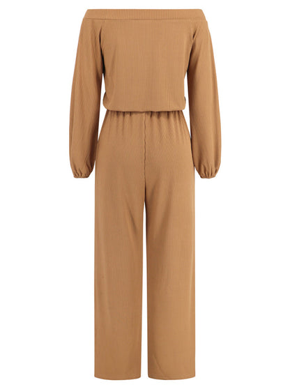 Pantsuits- Casual Autumn Ribbed Off-Shoulder TIe-Waist Jumpsuit - Pantsuit- - IndioGear Clothing and Gear