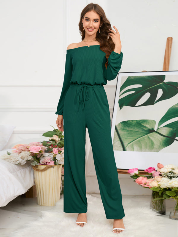 Pantsuits- Casual Autumn Ribbed Off-Shoulder TIe-Waist Jumpsuit - Pantsuit- Green- IndioGear Clothing and Gear