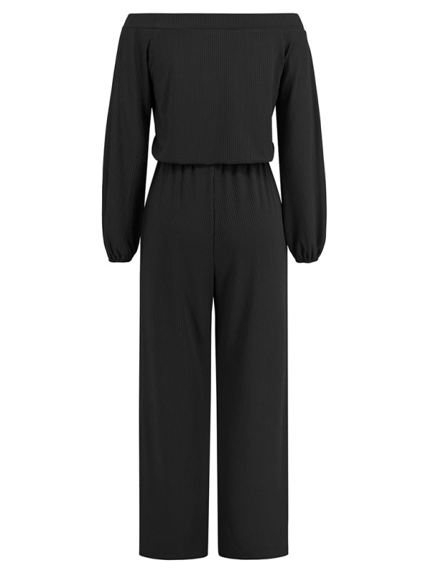 Pantsuits- Casual Autumn Ribbed Off-Shoulder TIe-Waist Jumpsuit - Pantsuit- - IndioGear Clothing and Gear