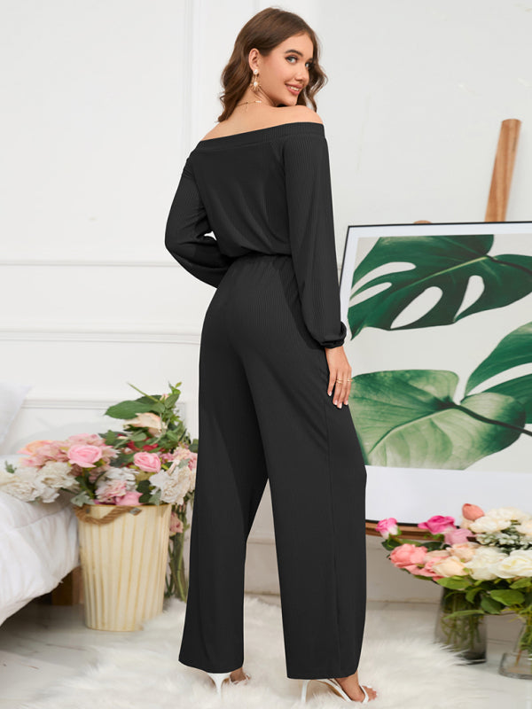 Pantsuits- Casual Autumn Ribbed Off-Shoulder TIe-Waist Jumpsuit - Pantsuit- - IndioGear Clothing and Gear